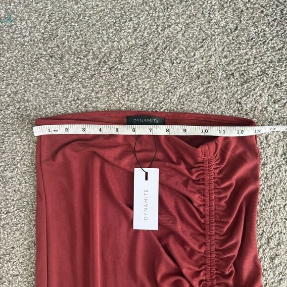 DYNAMITE | Red Ruched Midi Skirt - Picture 8 of 10